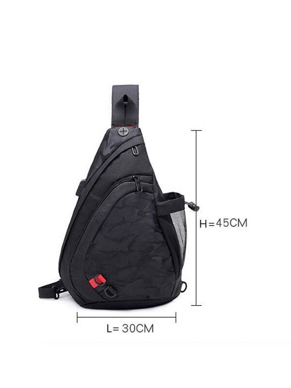 Men's Waterproof Camouflage Crossbody Bag SF1266 with multiple pockets and adjustable strap, shown with dimensions 30cm x 45cm.